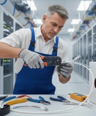 Trabajador profesional de Foscam Chile creando un cable de red