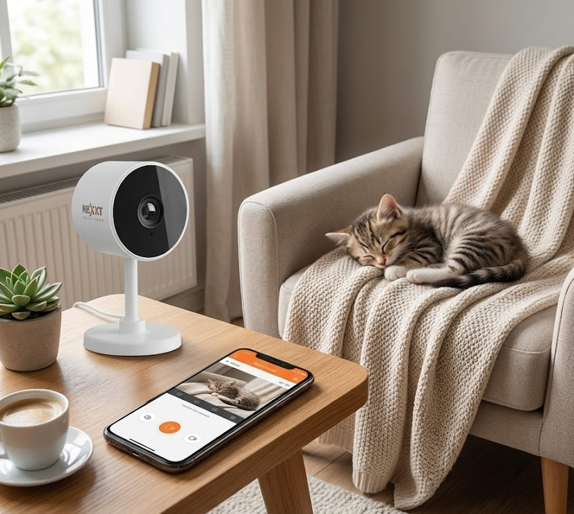 Cámara de Seguridad Inteligente Wi-Fi 2K QHD | Nexxt Home NHC-IF10 cuidando a un gato