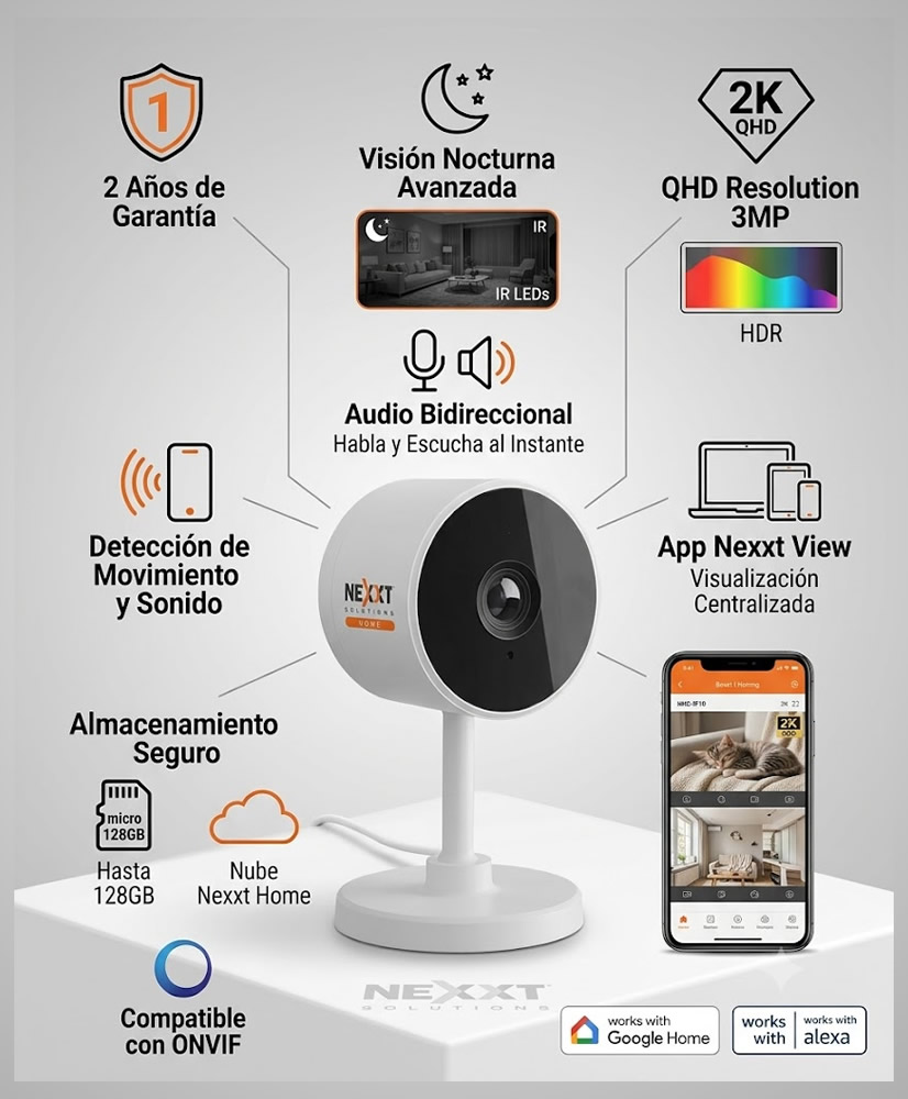 caracteristicas de la camara Mini Cámara Wi-Fi marca Nexxt para interiores con calidad 2K y audio